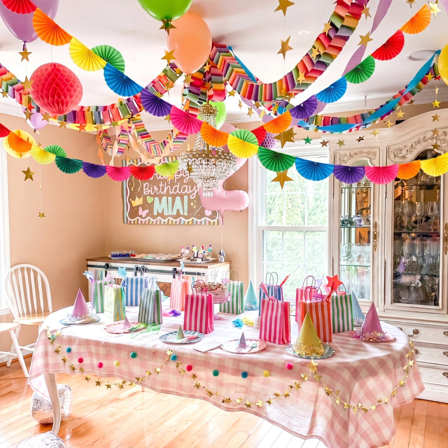 YooNotee 500 Sheets Paper Chain Strips and 4 PC Mirror Star Garland 3 Paper Fan Garland Garlands for Birthday Graduation Wedding Bachelorette Christmas Ceiling Hanging Decorations