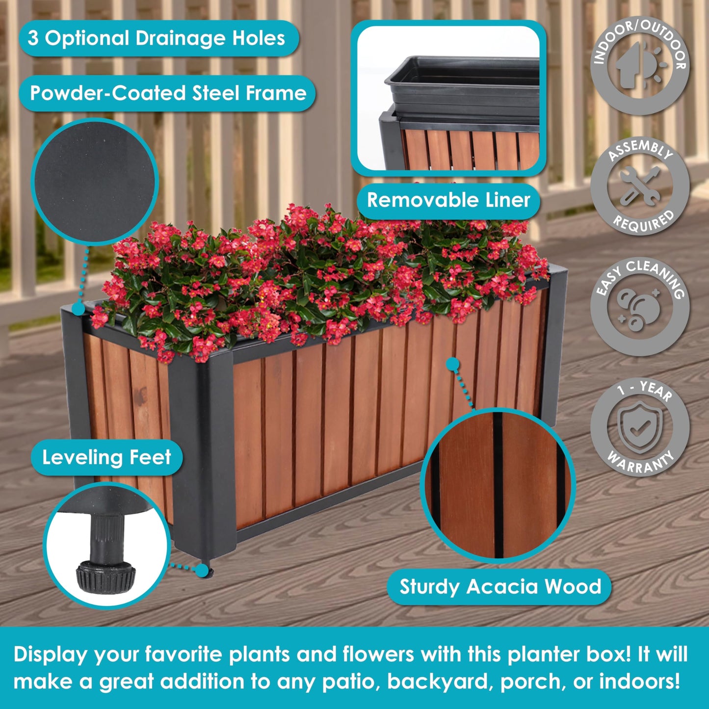 Sunnydaze Slatted Rectangular Wood Planter Box with Powder-Coated Steel Frame - 24" Acacia Wood Planter with Removable Liner - 3.7 Gal Capacity