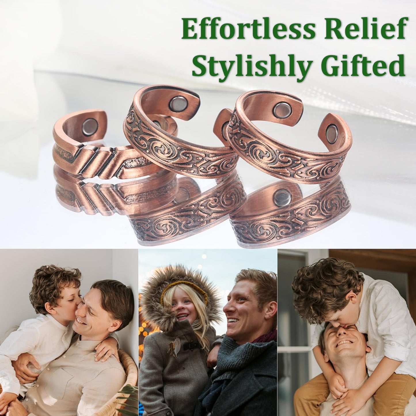 Fashtour 3 Copper Rings for Men, 99.9% Pure Copper Magnetic Rings, Vintage Pattern Adjustable Cuff Ring