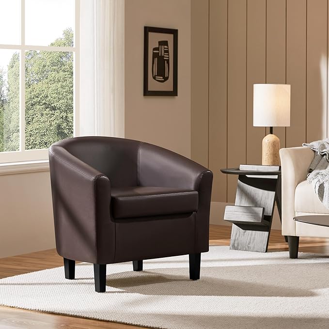 Yaheetech Leather Club Chair, Faux Leather Accent Chair, Modern Living Room Armchair with Wood Legs and Padded Seat for Bedroom Reception Room, Espresso