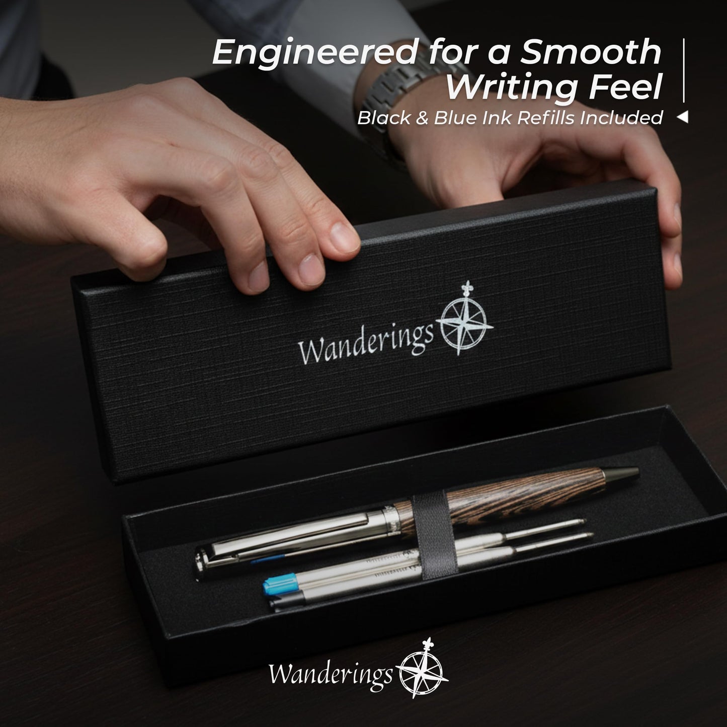 WANDERINGS Ballpoint Pen with German Ink – Beautifully Balanced for a Smooth Writing Experience - Light Brown and Real Wood Barrel - Includes 2 Refills in a Presentation Case