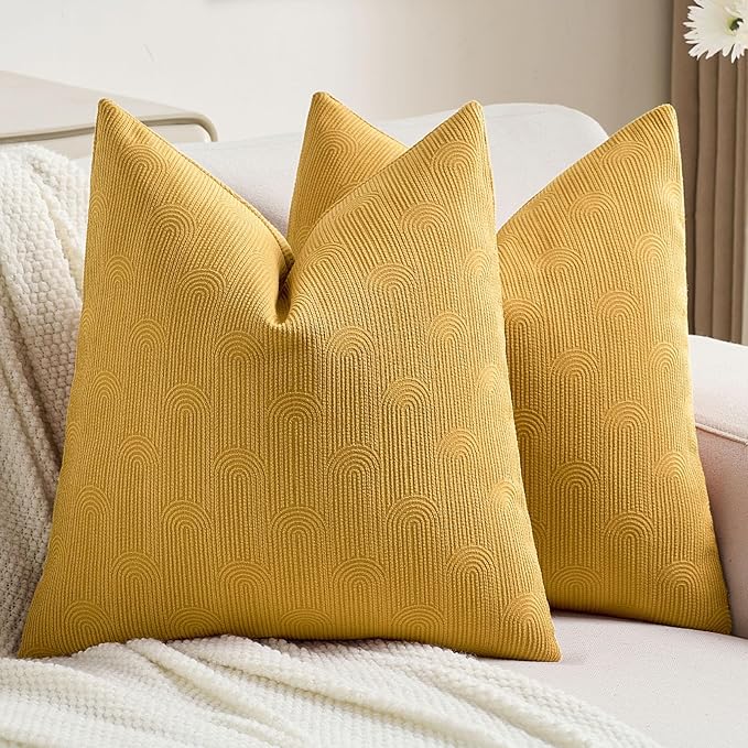FUTEI Mustard Yellow Chenille Decorative Throw Pillow Covers 20x20 Inch Set of 2,Soft Cozy Striped Geometric Patterns Cushion Cases,Modern Home Decor for Couch Bed Living Room
