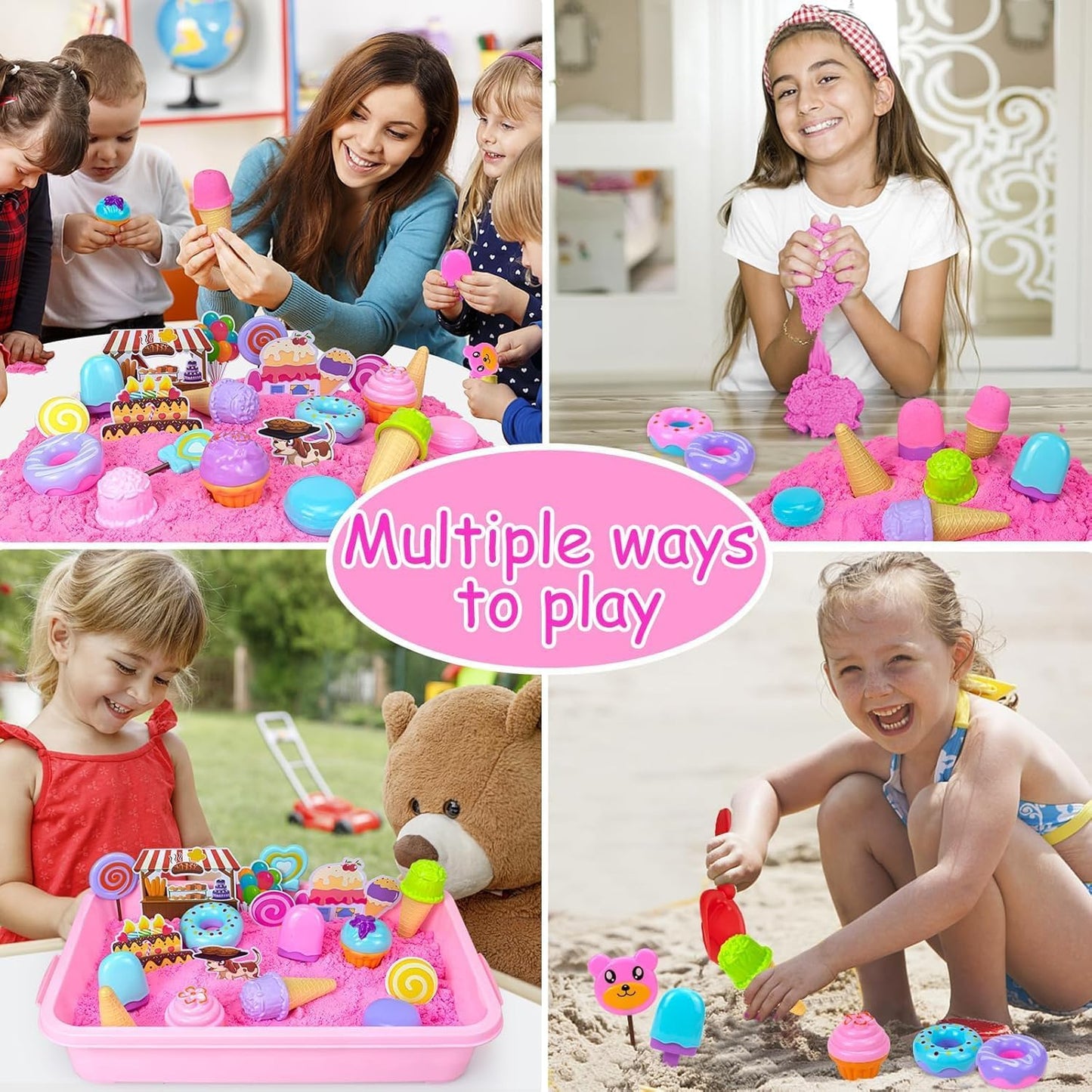 Play Sand Kit for Girls, Ice Cream Sensory Bin Sandbox, Creative Bake Shop with 2.2lbs Magic Sand, Ice Cream & Cake Models, Cleaning Tools, Pretend Beach Cake Stand Toys Gift for Toddler Ages 3-8