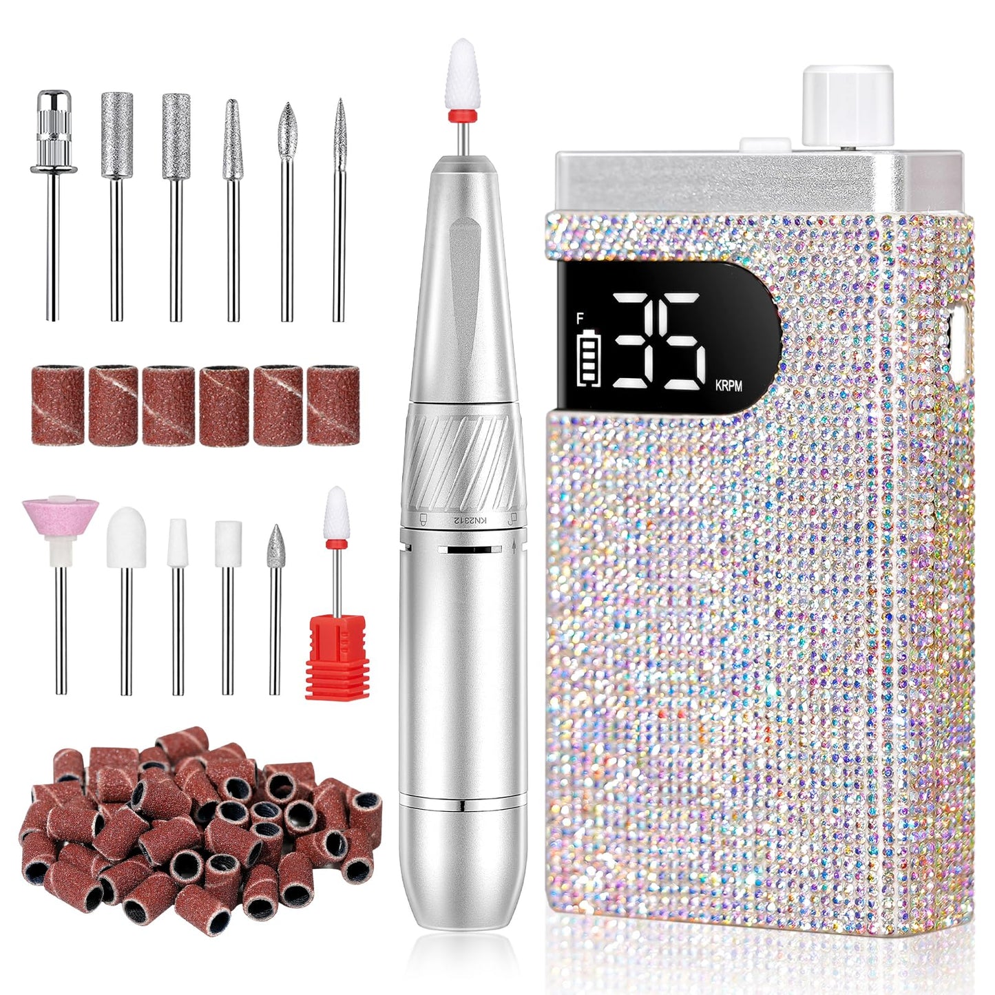 CHRISTINE SHELLY Rechargeable 35000RPM Nail Drill Sparkling Portable Professional Electric Nail File with 12 Drill Bit for Acrylic/Gel Nails Professional Nail Tools for Manicure Pedicure, Glitter