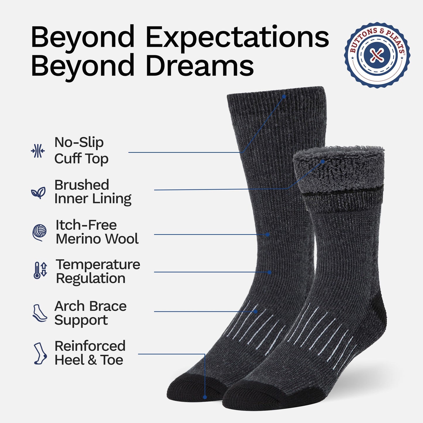 Buttons & Pleats Wool Socks for Men & Women Winter Warm Cozy Thermal Merino Boot Hiking Sock ML
