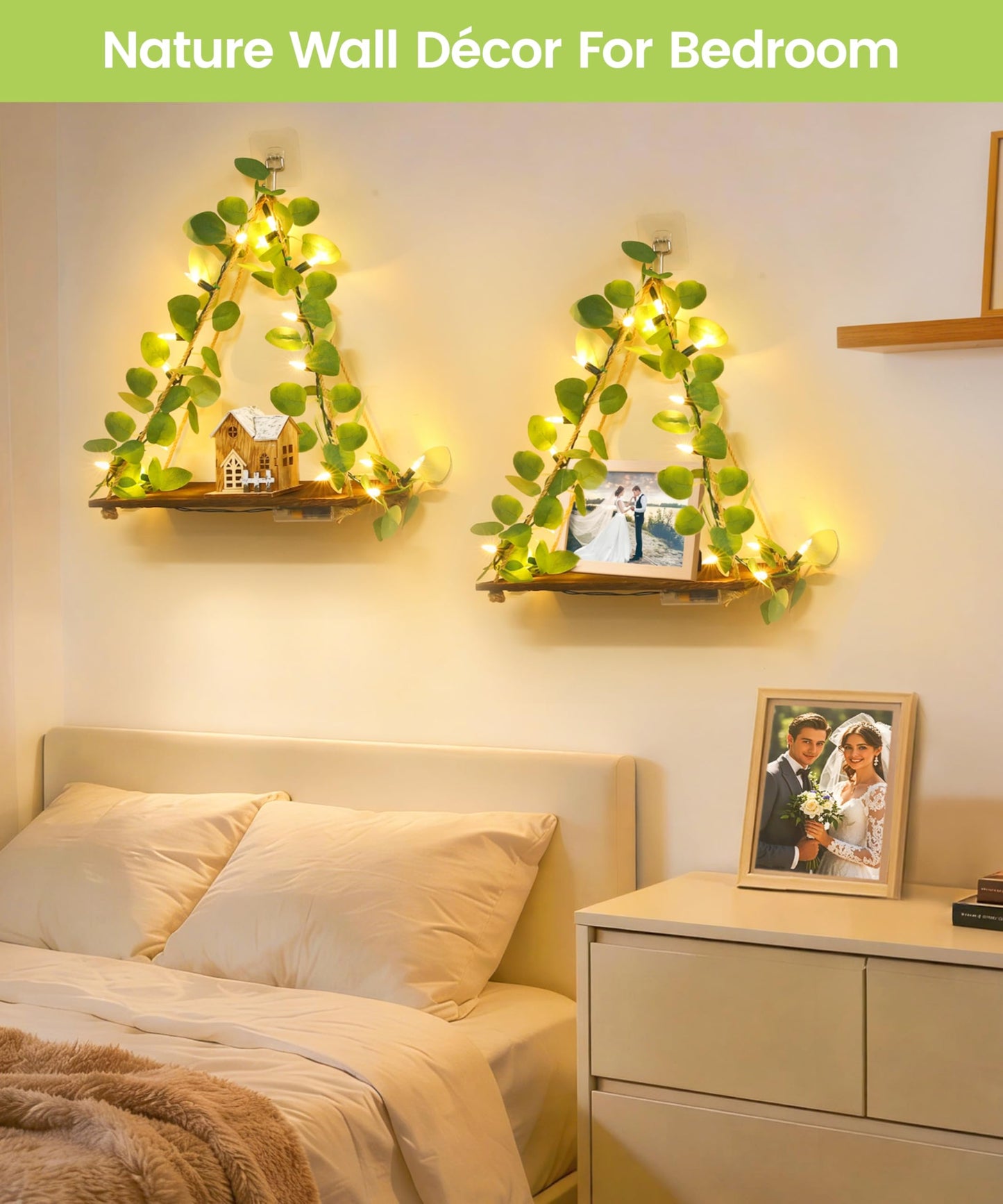 Macrame Hanging Shelf for Wall Decoration with Eucalyptus Lighted Garland,2 Pack Boho Hanging Shelves&Greenery Eucalyptus Garland with Lights for Bedroom Living Room Boho Wall Décor, Wedding Décor