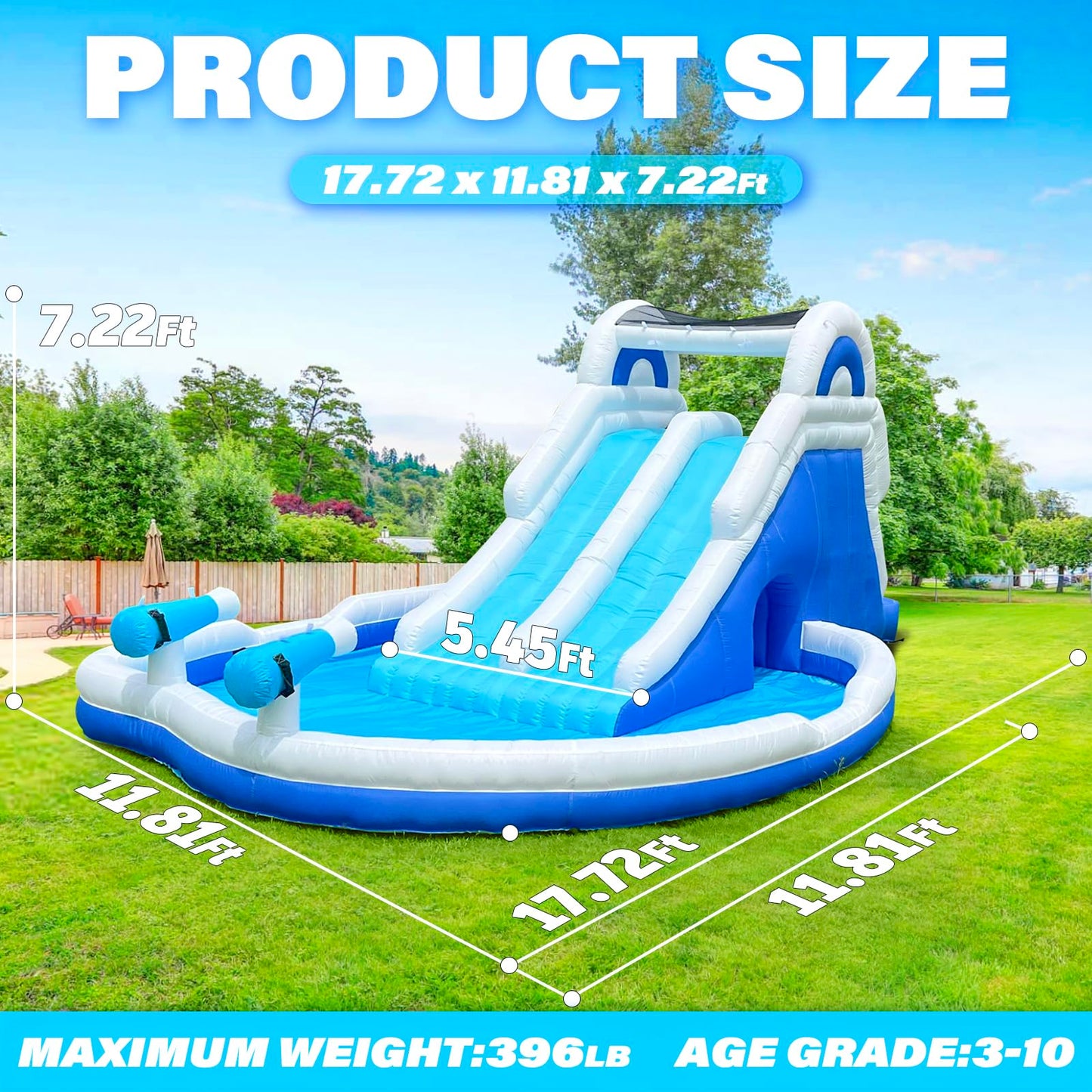 Inflatable Double Water Slide-17.7FT Large Climber Inflatable Water Park for Big Kids 5-10-Huge Splash Pool-Easy to Set Up & Inflate with Air Blower,Carrying Case,Water Pipe,Storage Bag-Bule