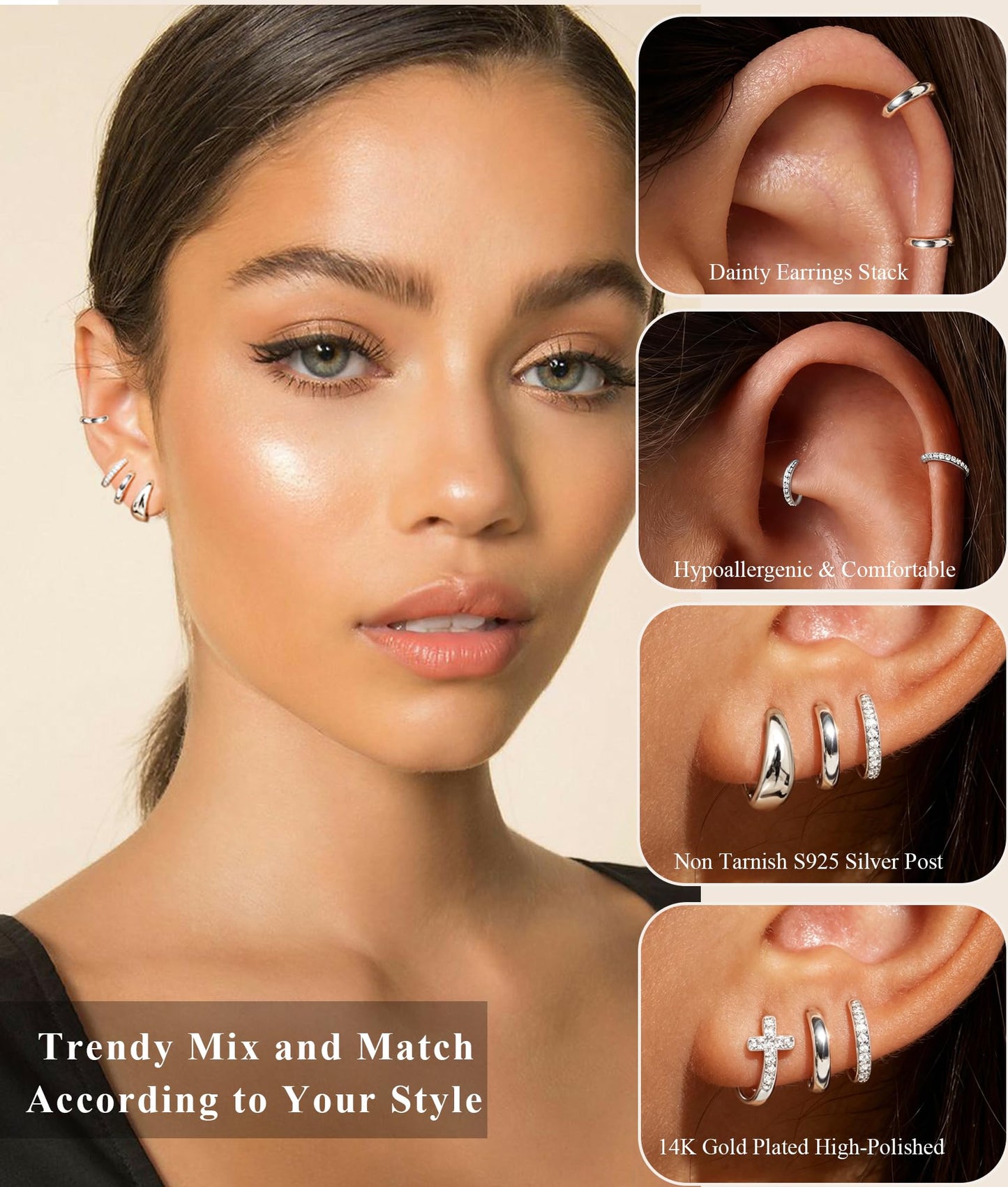 DORANA Sterling Silver Earrings for Women Non Tarnish Small Huggie Earrings 925 Hypoallergenic Cartilage Stackable Sleeper Hoops Silver Stacks Sets for Multiple Piercing,3 Pairs
