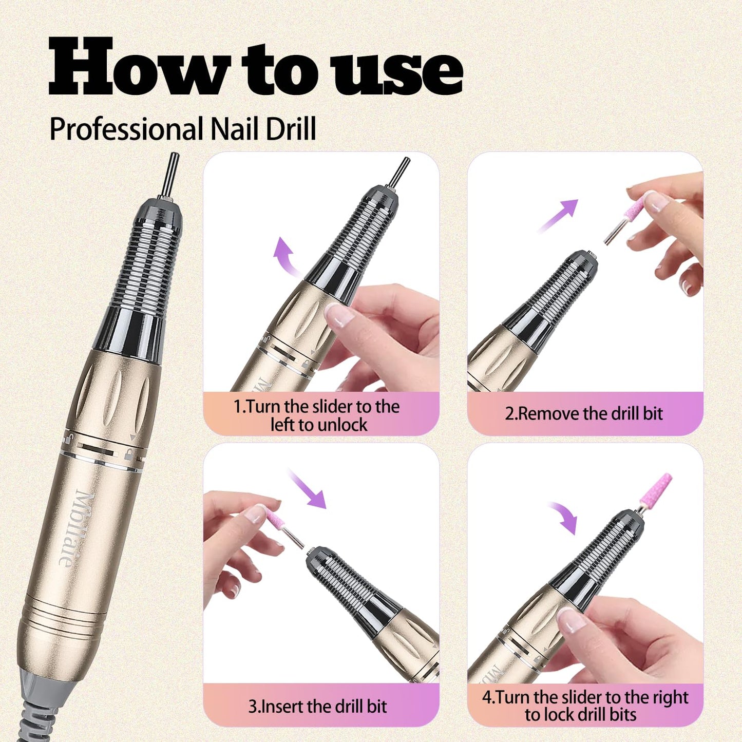 Professional Nail Drill File 45000RPM Electric Portable Kit with Rechargeable 8 uñas Bits Cordless Efile for Gel Acrylic Remover Home Salon Manicure Base Tool (Gold)
