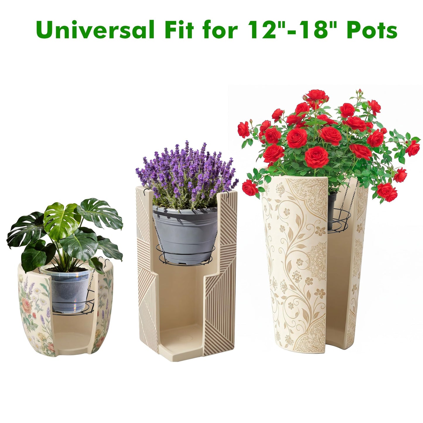 holoith 3 Pack Adjustable Planter Inserts for Pots, 12-24" Plant Risers for Inside Pots, Chain Pot Fillers for Round Planters to Reduce Soil, Black Stainless Steel Planter Insert with 4Hooks