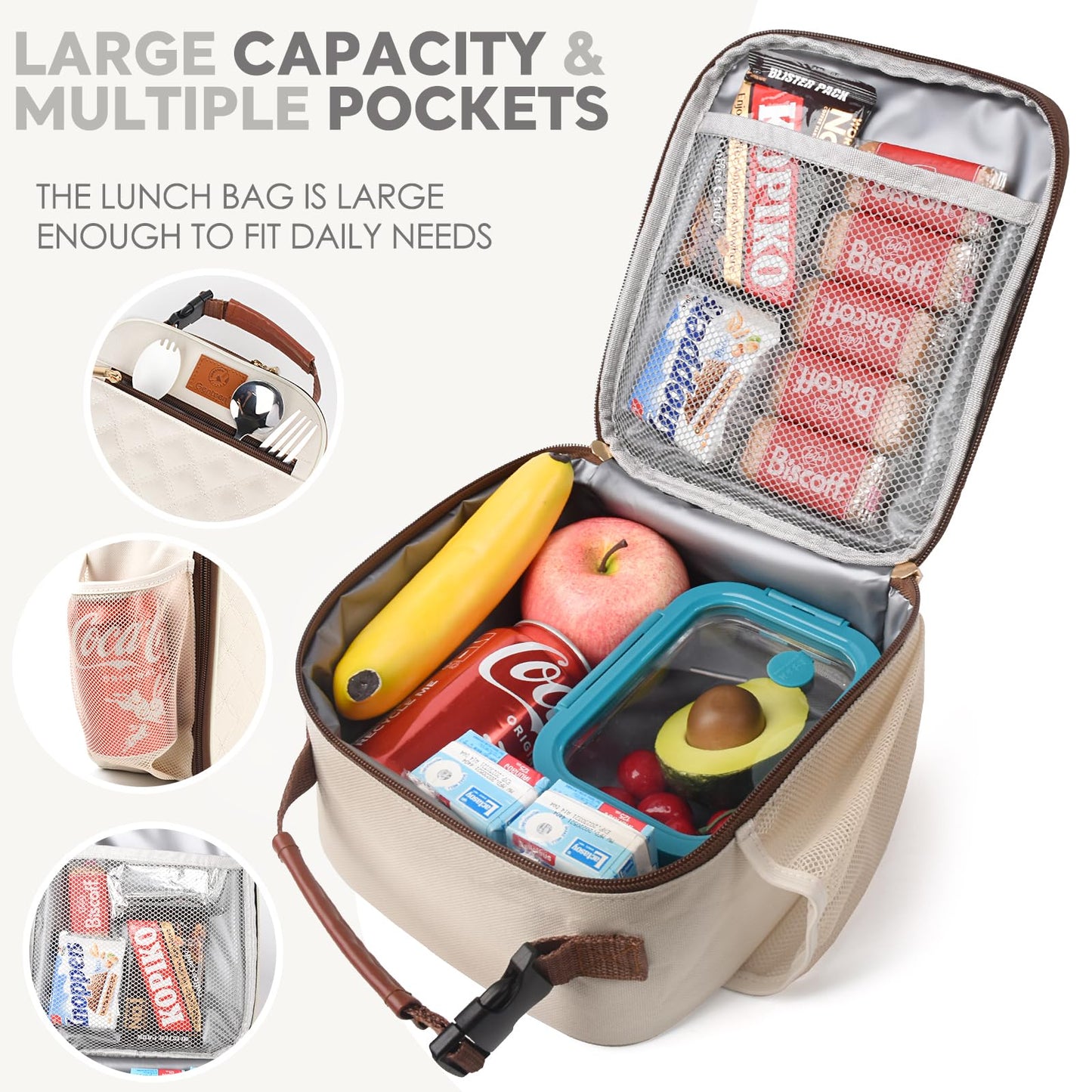 Genteen Lunch Box Lunch Bag for Men Women Kids Adults,Insulated Waterproof LunchBox Cooler,Small for Work Office School Travel Picnic-White