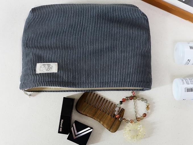 HAPPYHEIDI Dark Gray Corduroy Makeup Bag Cosmetic Toiletry Travel Pouch, Make Up Accessory Purse Organizer, Canvas Lined
