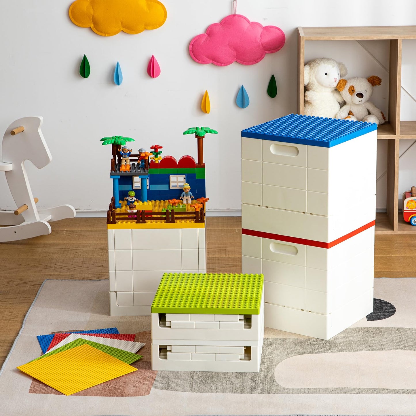 SHIMOYAMA Collapsible Storage Box with Building Baseplate Lid for Duplo Blocks, 26 Qt. Stackable Bricks Storage Bins for MEGA BLOKS, 25L Folding Utility Container for Lego Duplo Bricks, Red