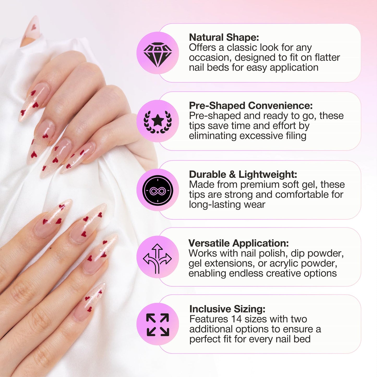 Curacoro Natural Long Round Gel Nail Tips 420Pcs, Clear Full Cover Soft Acrylic Tips 14 Sizes, Easy to Use, Long-Lasting, Glossy Finish