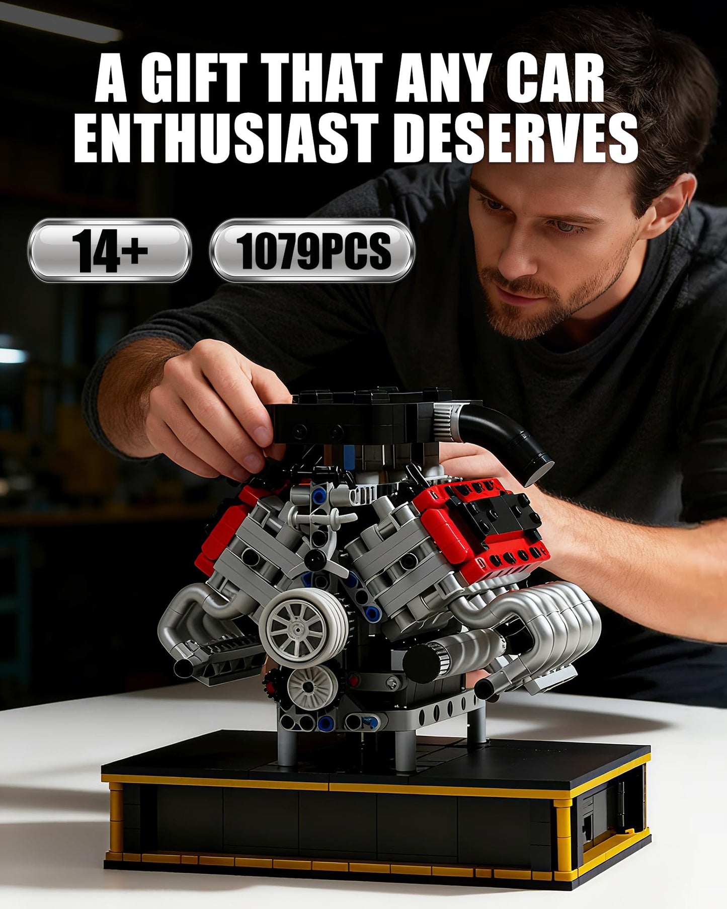 MOCBURIKU V8 Engine Building Set, Build Your Own Mini V8 Model Engine Kit that Run with Battery and Motor, 8-Cylinder Car Model Engine Building Toys for Adults Kids Age 14+ (1079PCS)