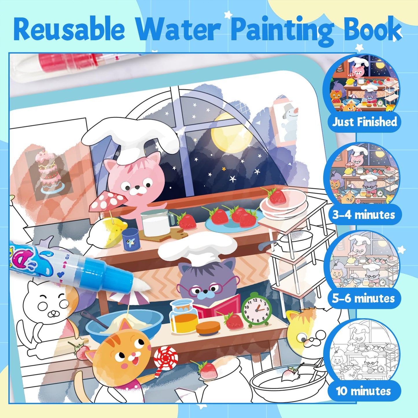 Elfew Water Painting Book for Toddlers 1-3,Mess Free Coloring for Toddlers,2 Pack Reusable Water Coloring Books with Water Pens,Magic Doodle Books