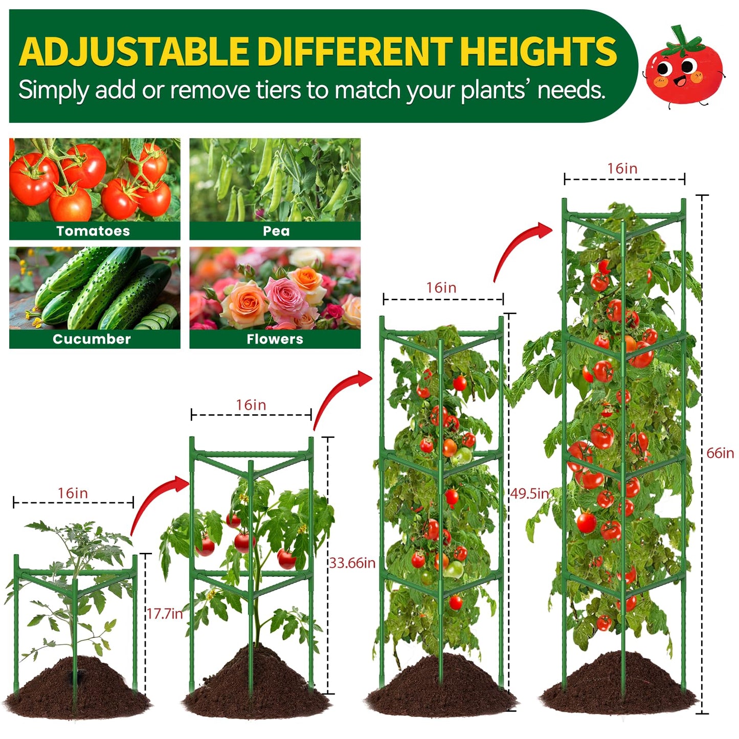 2 Pack Large Tomato Cage for Garden Up to 49" H X 16" W Metal Plant Support Stakes with Clips Triangle Pea Cages Cucumber Trellis for Vegetables Pots Vines Flowers Climbing Plants