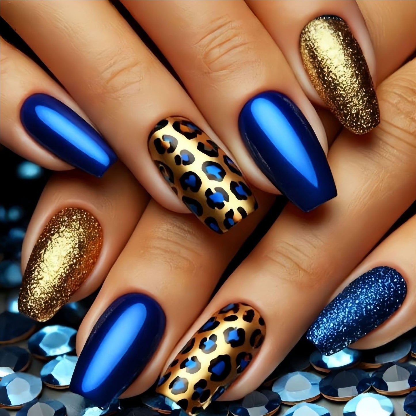 Medium Press on Nails Square Fake Nails with Blue Leopard Print Designs Glossy Acrylic Nail Tips Gold Glitter False Nails Glue on Nails Reusable Full Cover Stick on Nail for Women 24Pcs