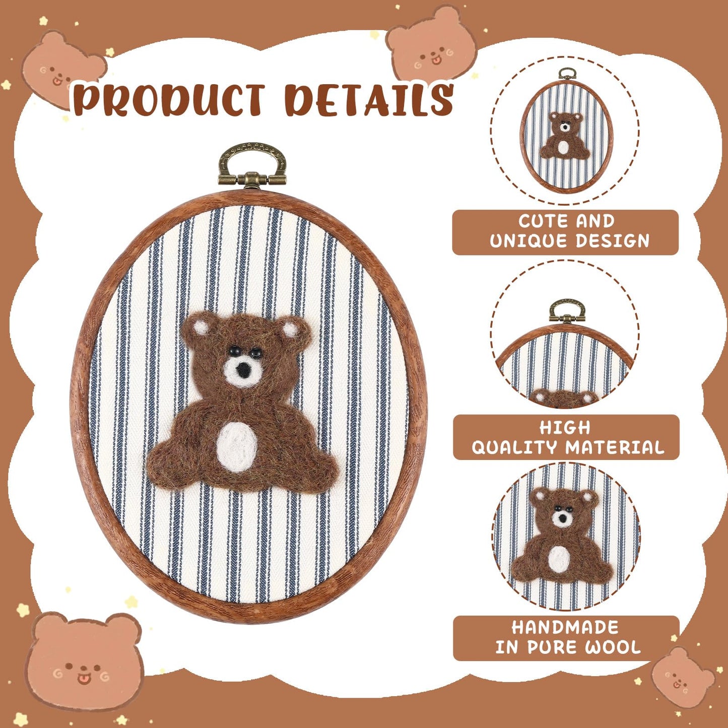 Chunful Felted Blue Striped Bear Nursery Wall Decor Cute Wall Art Decorative Artwork for Nursery Themes Bathroom Living Room Classroom Home Decoration
