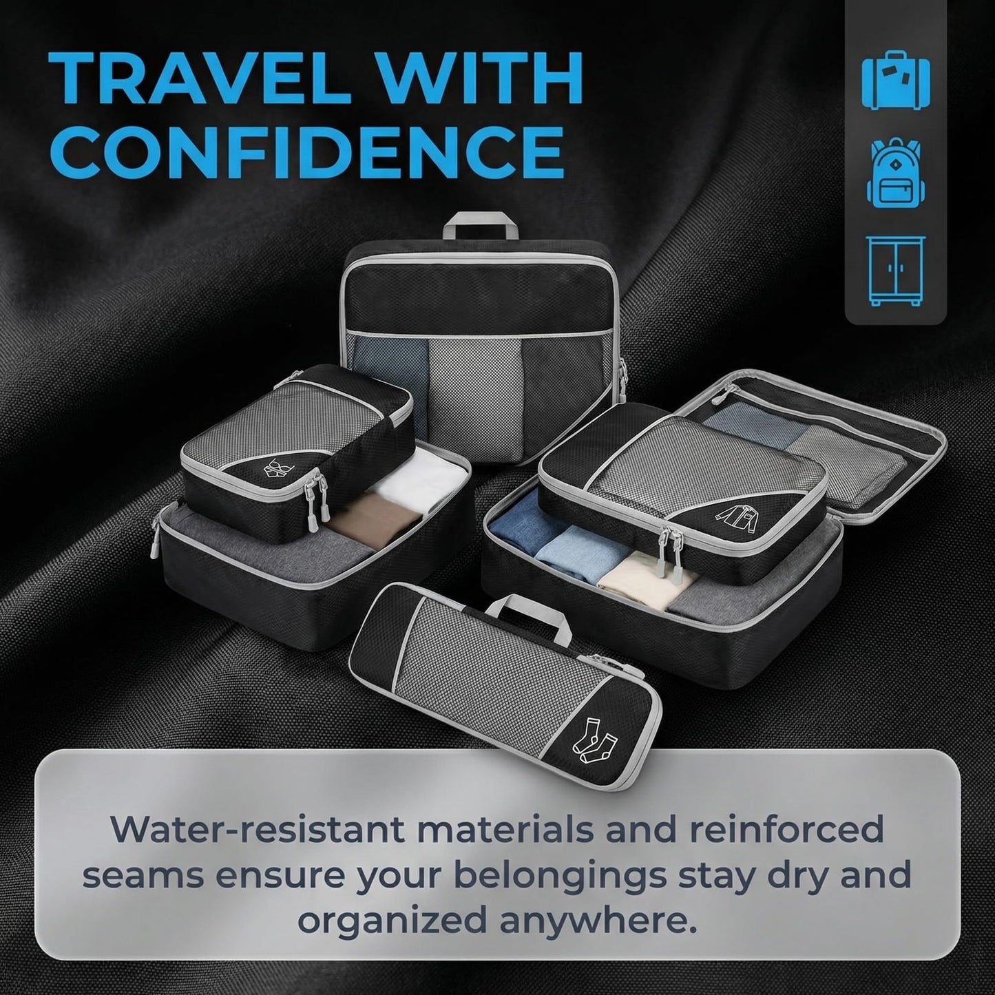 6Pcs Compression Packing Cubes Set, Waterproof Travel Luggage Organizer with Drawstring Bag, Lightweight Nylon Suitcase Storage Bags for Travel Camping Business Trip
