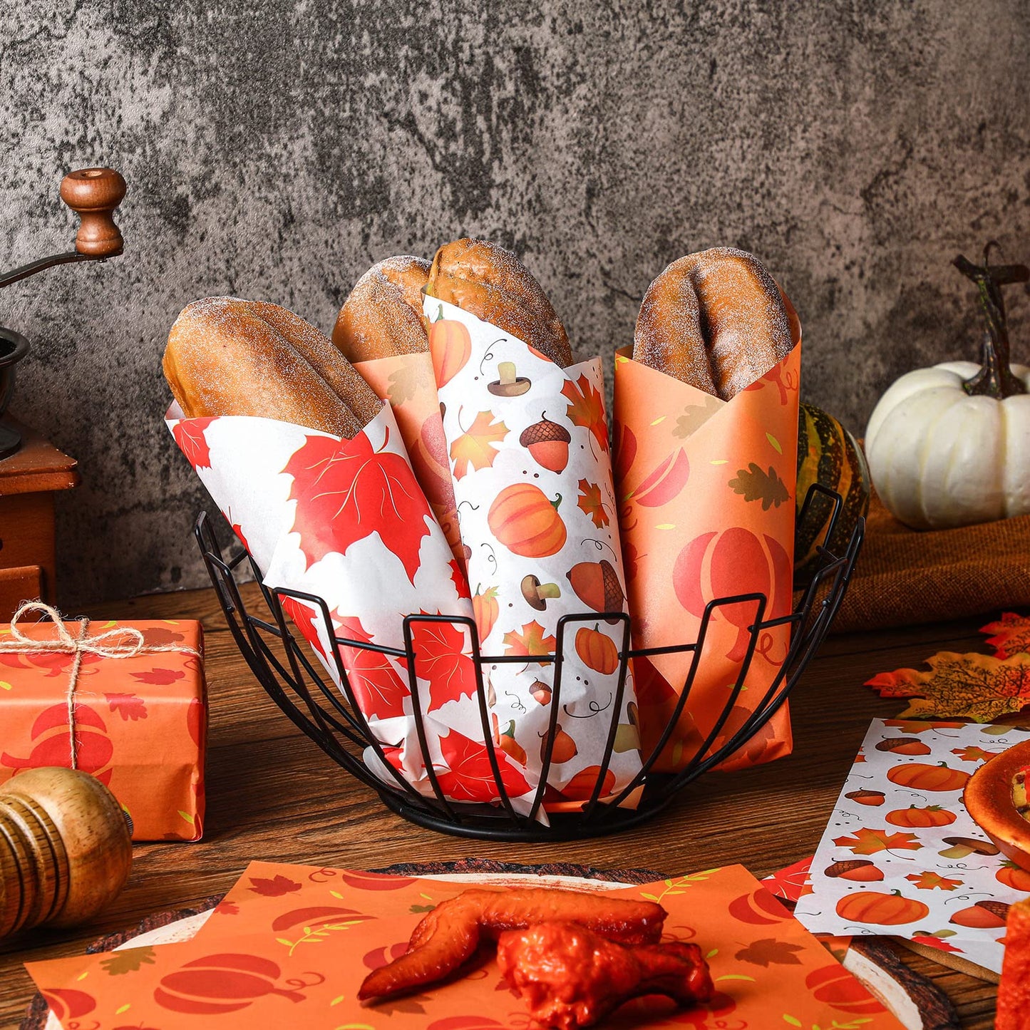 Tinlade 150 Pcs Fall Thanksgiving Wax Paper Sheets Maple Leaf Pumpkin Mushroom Food Wrap Paper Sheets Parchment Grease Resistant Waterproof Food Liner Oil Proof Picnic Liner for Kitchen