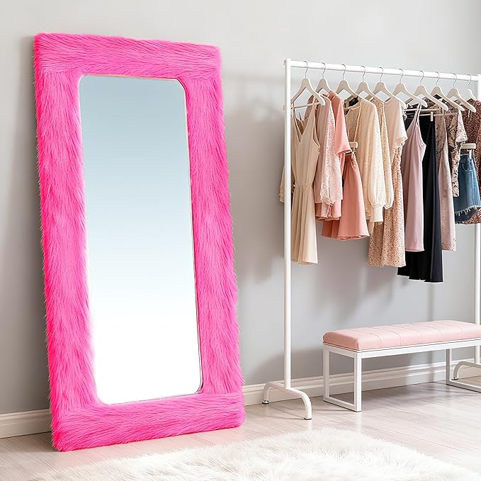 Fluffy Full Length Mirror Cover Universal Ultra Soft Non-Slip Border with Adhesive Tape Pink Fuzzy Frame Decor for Standing Mirror Bedroom Cloakroom Home Decor Women Gifts (vibrant pink, 59x16 inches)
