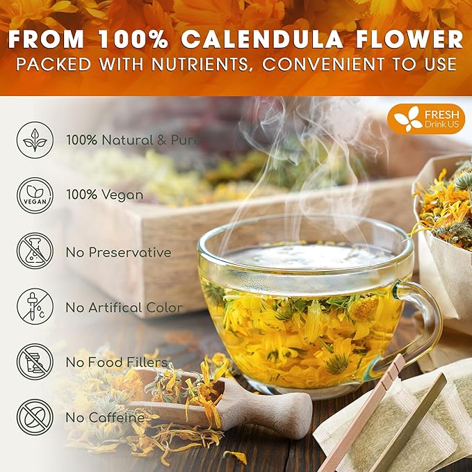 FRESHDRINKUS Calendula Tea Bags, 75 Count, Herbal, Vegan, Sugar Free, Caffeine Free, Gluten Free, 100% Natural Calendula Flowers