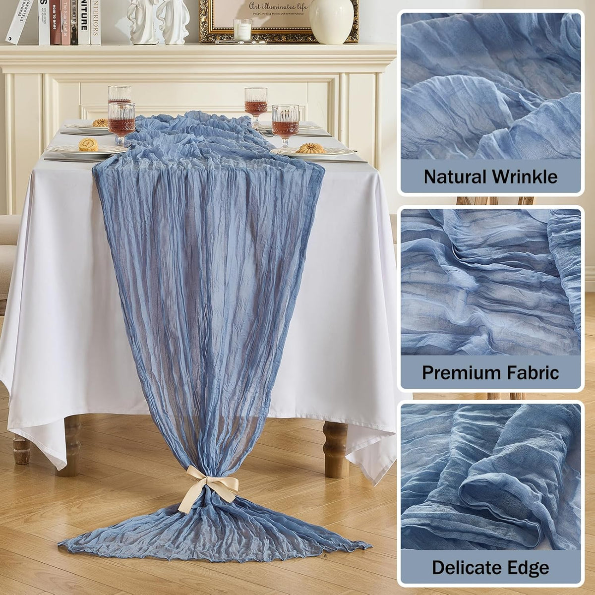 Fanami 1 Pack Cheesecloth Table Runner -10FT Dusty Blue Boho Gauze Cheese Cloth Table Runner 120 Inches Long Rustic Sheer Fabric Centerpieces for Wedding Birthday Party Bridal Baby Shower Decorations