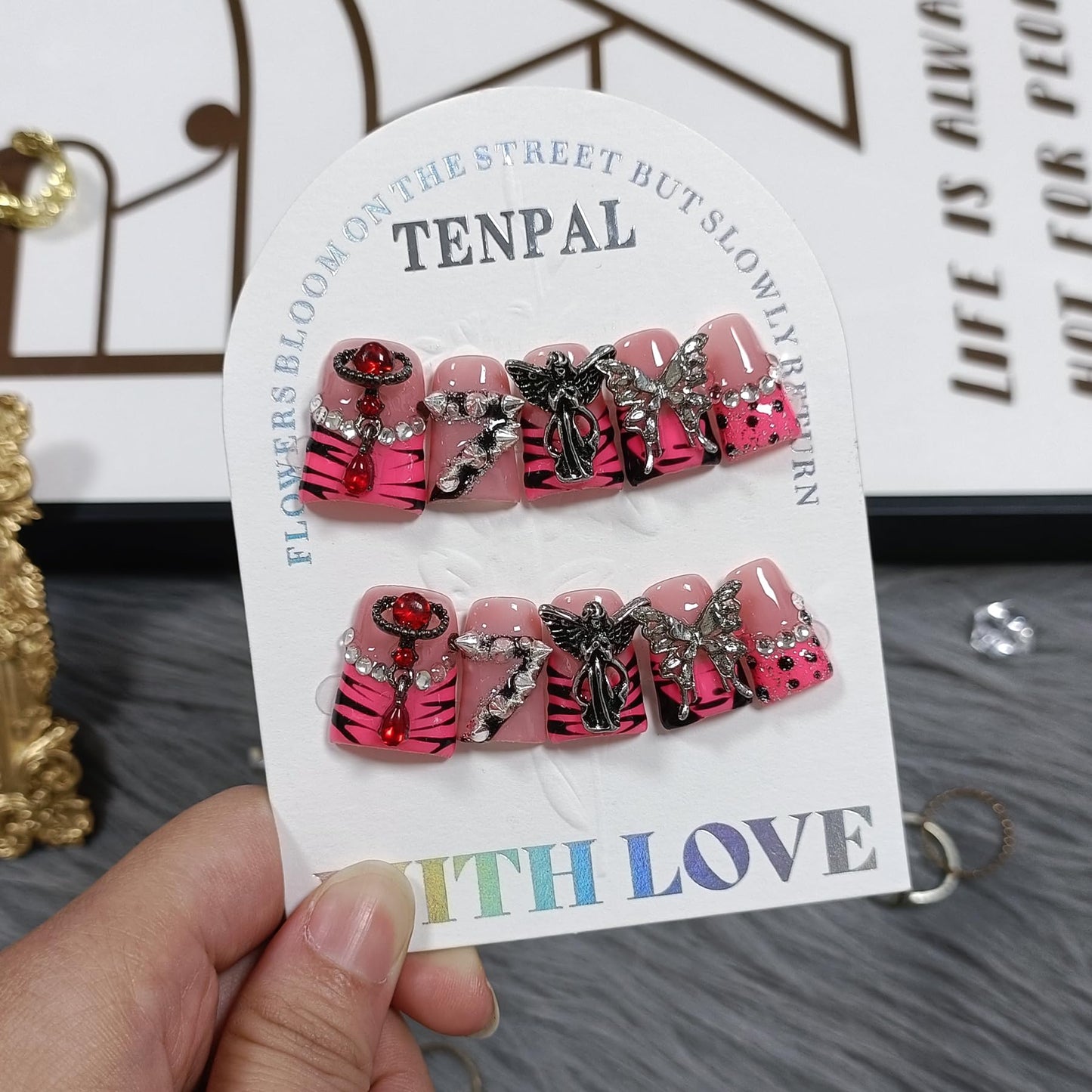 TENPAL 10Pcs Handmade Gothic Press-On Nails with Duck Shape,Glossy Zebra French Short Tips Duck Fake Nails,3D Metal Butterfly & Rivet Designs Glue on Nails,Edgy Glam Reusable Coffin Duckbill Nails(M)