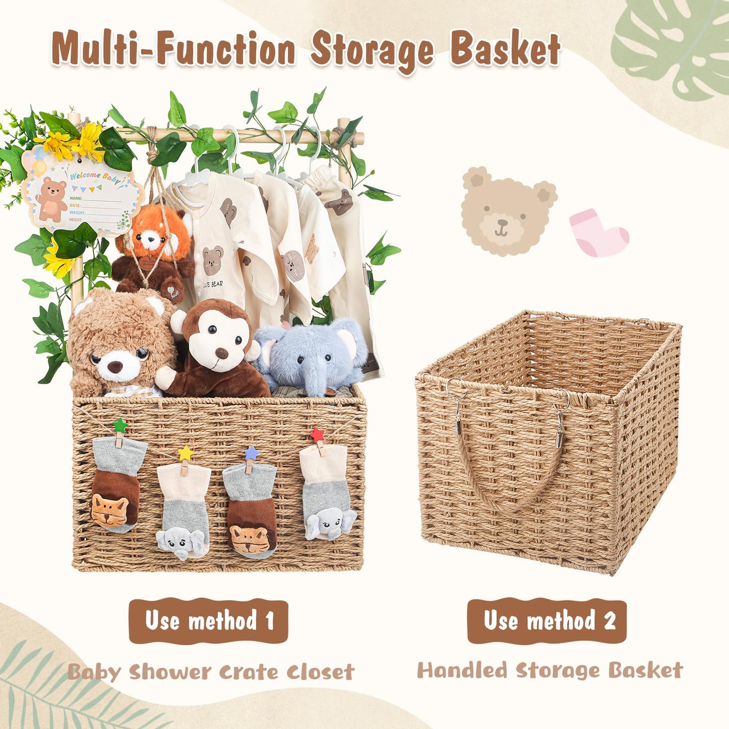 Wisreach Wooden Woven Baby Shower Crate – Foldable Storage Basket with Handles, Handwoven Gift Box for Baby Shower & Newborn Essentials, Welcome Gift for Baby Shower, Newborn Boys Girls