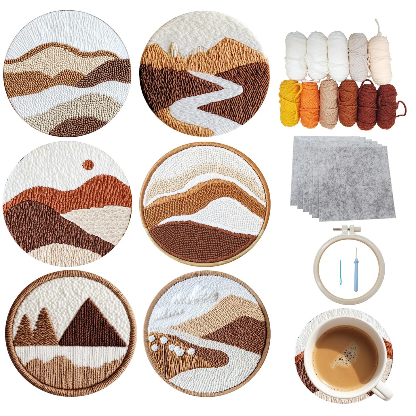 57lilina 6pcs Landscape Punch Needle Coaster Kit for Kids Beginners Adults, Complete Punch Needle Stitching Embroidery Art Coasters Kit for Kids Adult Beginner Punch Needling Coaster