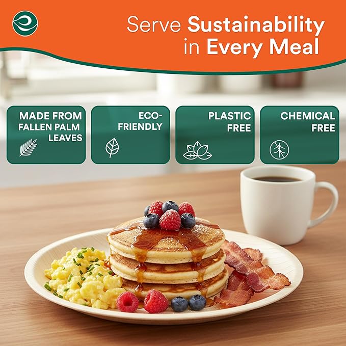 ECO SOUL 10 Inch Disposable Palm Leaf Plates [100 Pack] Premium Food-Safe Heavy Duty Compostable Bamboo Paper Plates for Lunch, Dinner, Birthday, Weddings, Party, Camping & Catering Events [Round]