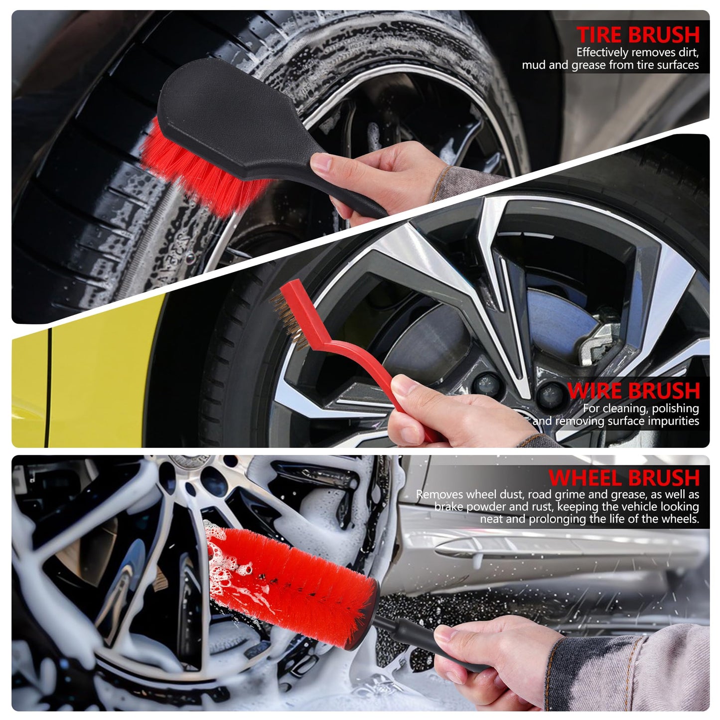 MIANYINGR 35Pcs Car Detailing Kit & Car Cleaning Kit – Windshield Tool, Long Wheel Brush & 2 Angled Brushes, 4 Polishing Pads & 4 Wax Pads – Red Tool Box – Gift for Men (B：35PCS-R)