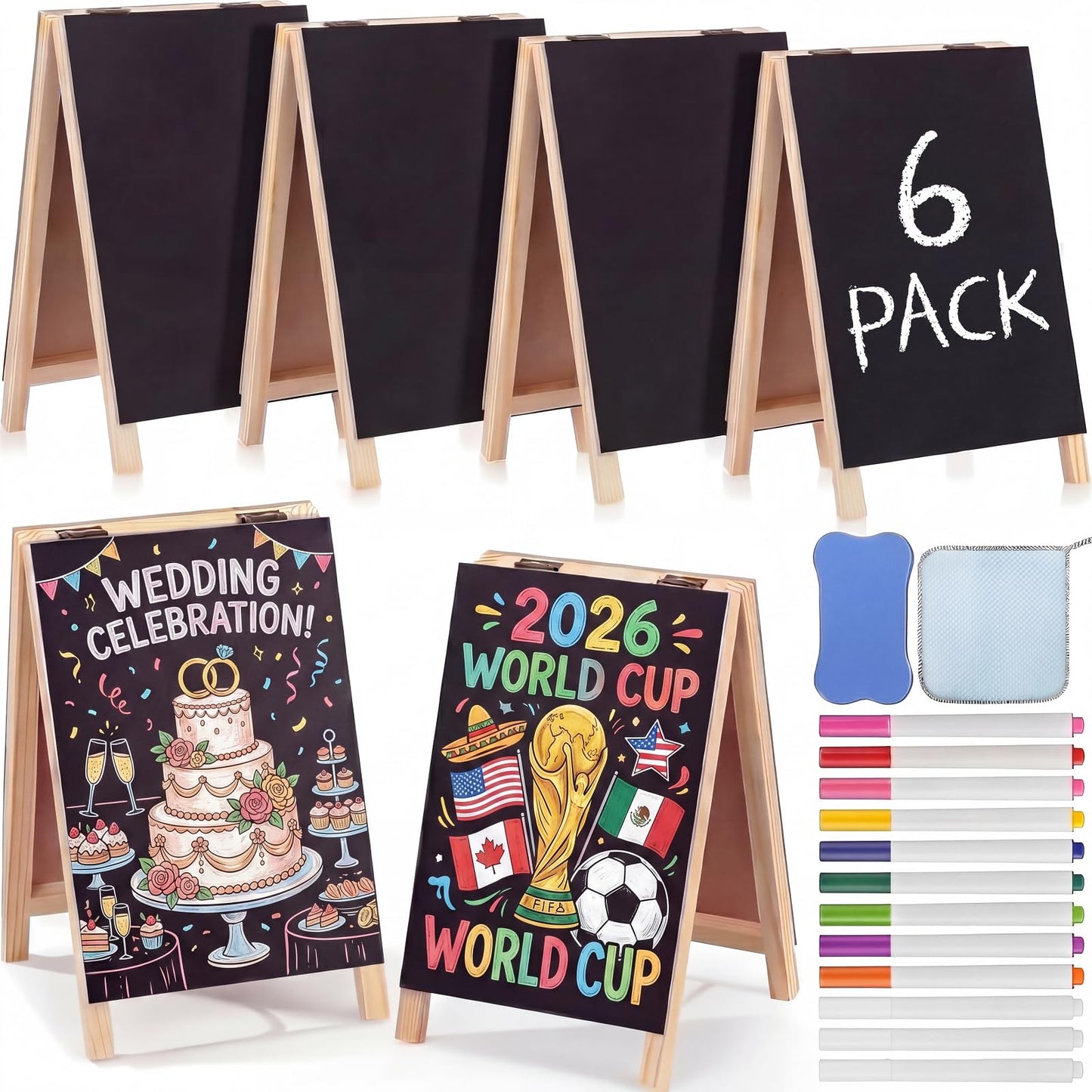 6 Pack Mini Chalkboard Easel Signs Set 4.5" x 7.5" Rustic Double-Sided Wooden Tabletop Small Chalkboard Sign Chalk Board Frame Menu Board for Business Cafe Wedding Restaurant Bar(Wood Color)