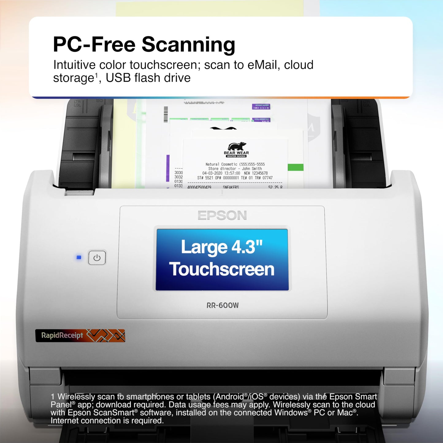 Epson RapidReceipt RR-600W Wireless Desktop Color 2-Sided Document & Tax Receipt Scanner with ScanSmart AI PRO Data Management Software for PC & Mac Touchscreen & 100-Page Auto Document Feeder