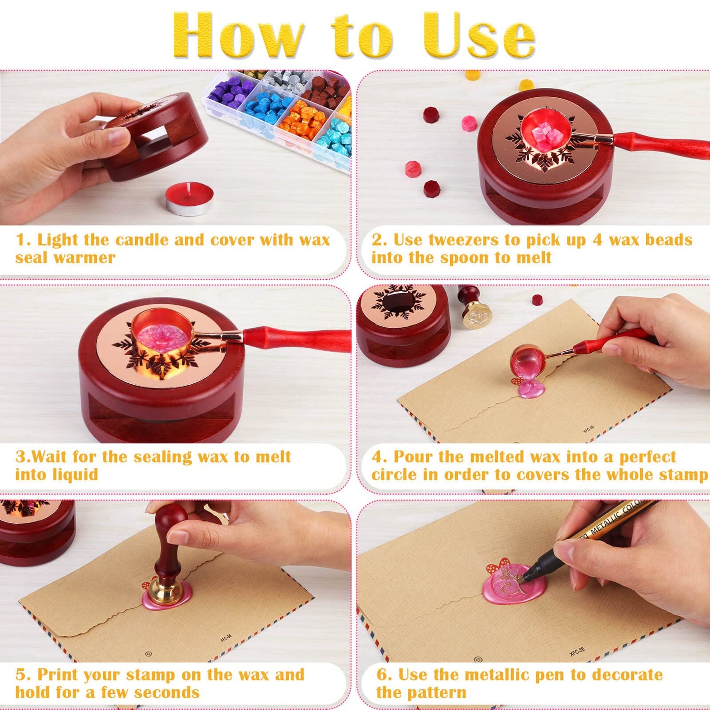 Anezus 754pcs Sealing Kit with Wax Beads, Stamp, Warmer, Vintage Envelopes, Metallic Pen for Letter Sealing, Invitations, Crafts