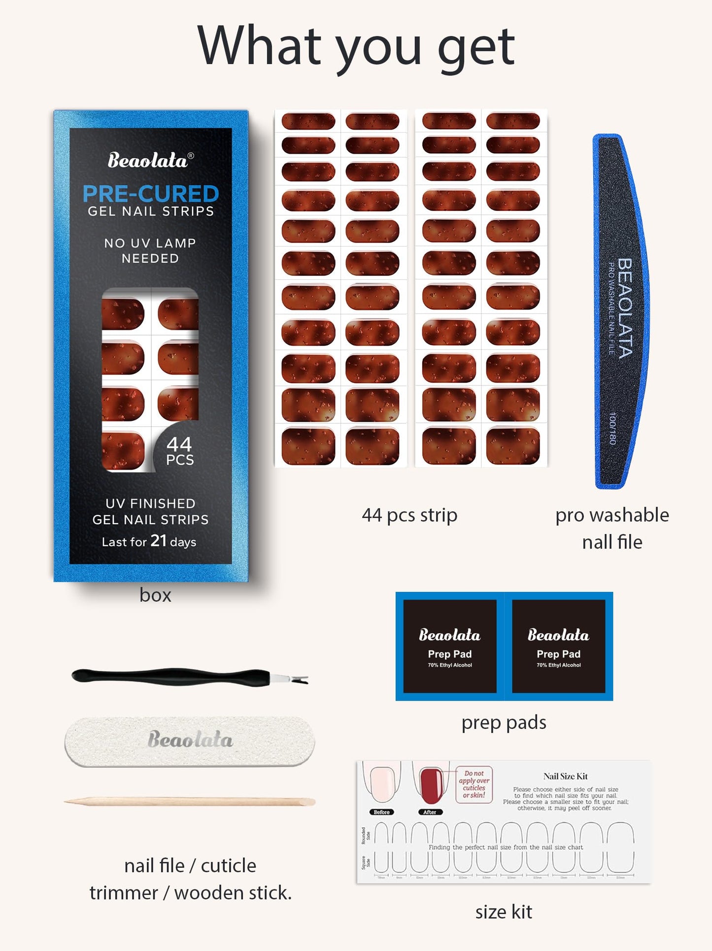 Beaolata Real Gel Nail Strips (No UV Light Needed) - 44Pcs Salon Quality Nail Stickers - Long Lasting Polish Wraps for Women, Easy Apply & Remove (Molten Honey Brown)