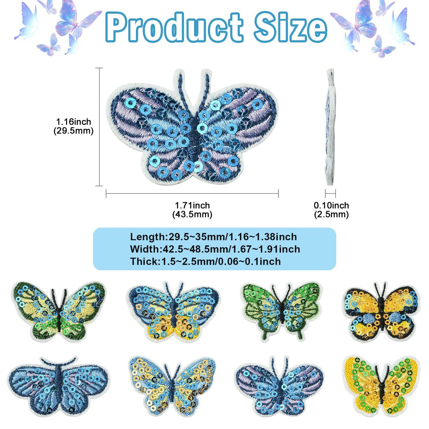 Gythara 16 Pcs 8 Styles Spring Butterfly Theme Polyester Patches Sequin Insect Animal Iron on Embroidery Appliques for Clothes Bag Backpack Sewing Craft Costume Accessories