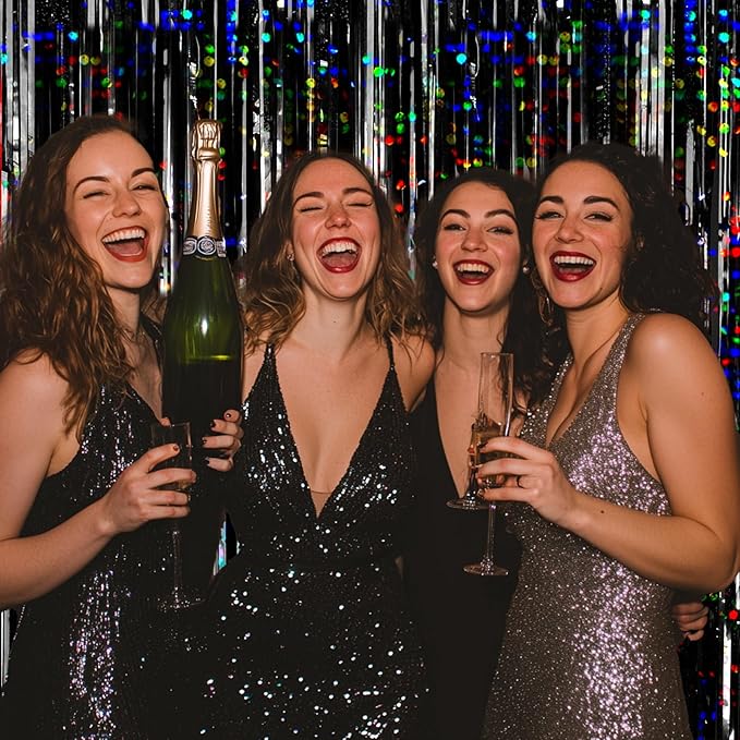 4 Packs Black Foil Fringe Curtain, Glitter Metallic Tinsel Backdrop for Birthday, Wedding, Bridal Shower, Halloween, Gold and Black Party Decorations Supplies