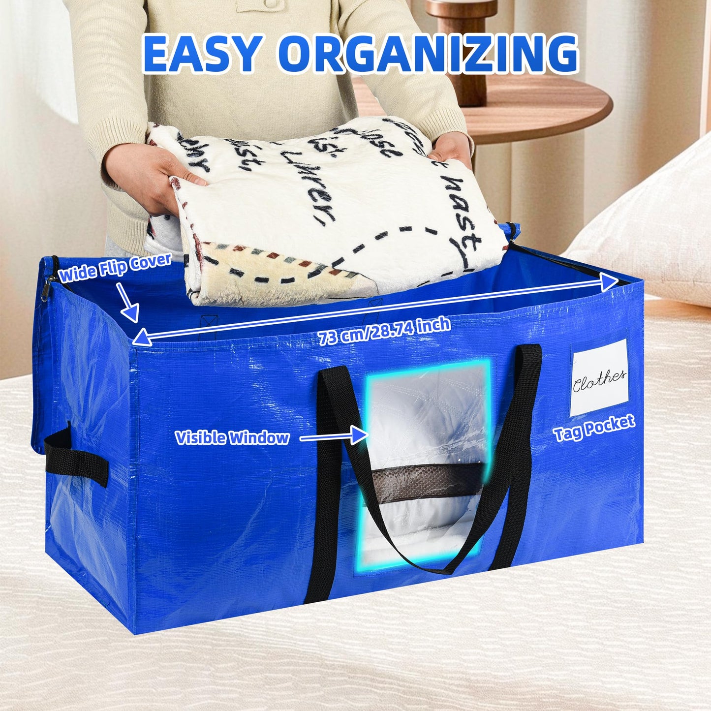 Uprimeasy Large Moving Bags, 4 Pack Heavy Duty Storage Bags with Wrap Handles & Zippers, Space Saving Storage Totes with Clear Window & Tag Pocket, Alternative to Moving Boxes (Blue)