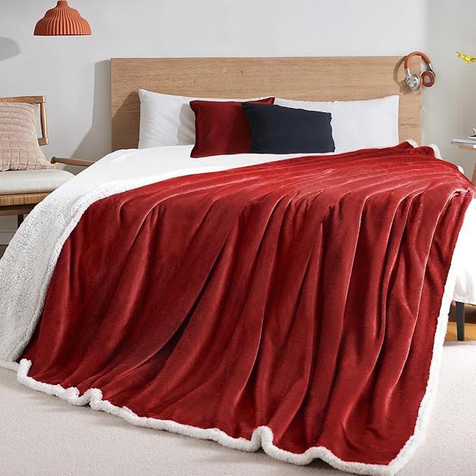 BEAUTEX Sherpa Fleece Throw Blankets, Soft Fluffy Flannel Plush Blanket and Throw, Fuzzy Cozy Red Cuddle Blankets for Couch Bed Sofa Adults (50" x 60", Wine)