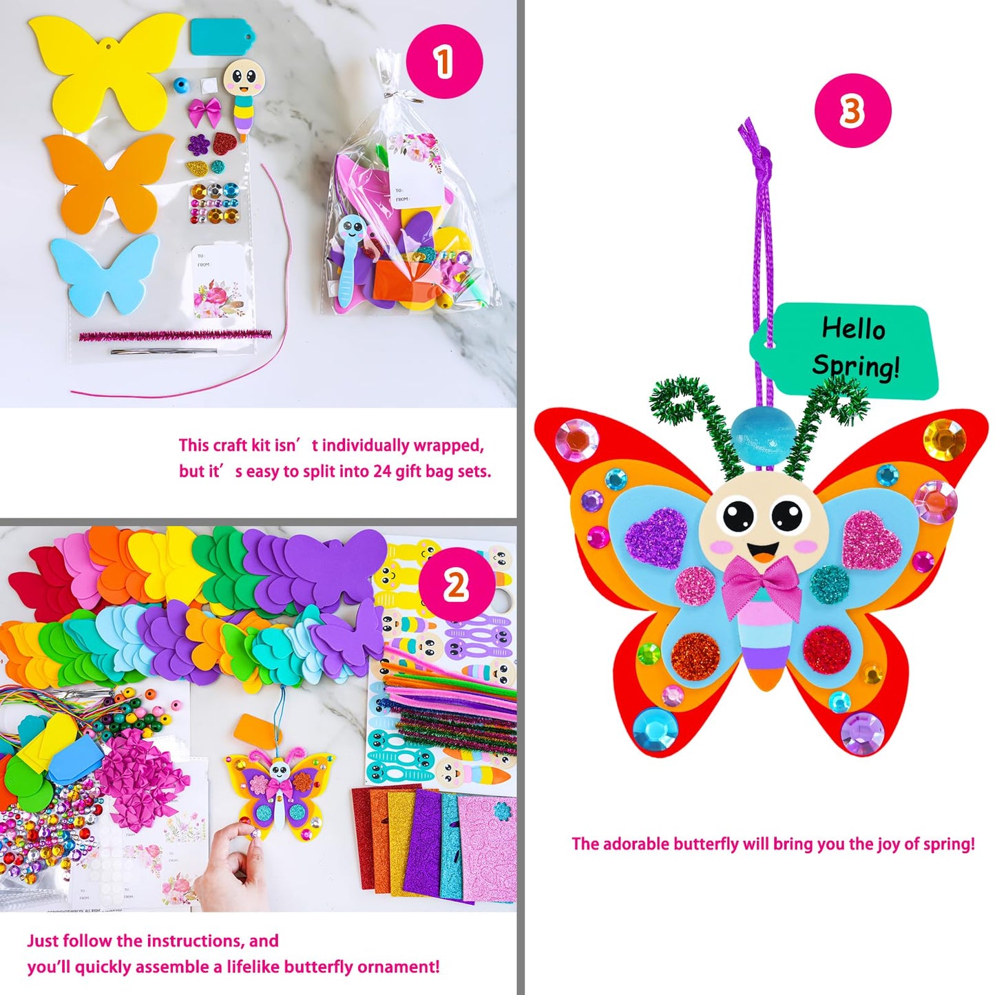 Winlyn 24 Sets Butterfly Craft Kits DIY 3D Rainbow Butterfly Ornaments Decorations Art Set Foam Stickers Arts and Crafts for Kids Spring Summer Camping Party Classroom Activities Art Project