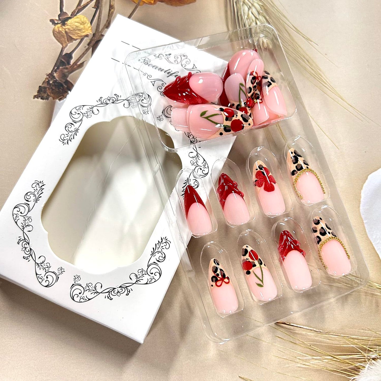 French Leopard Print Red Floral Press on Nails Medium Almond Artificial Acrylic False Nails Stick on Nail 3D Cherry Full Cover Red Flower Reusable Coffin Artificial Fingernails for Women Manicure
