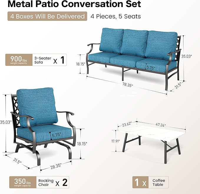 4 Piece Metal Outdoor Patio Furniture Set, Patio Conversation Set 3-seater Sofa, 2 Rocking Chair with 5.75" Extra Thick Cushion and Coffee Table, Black Frame Backyard Furniture, Blue-2