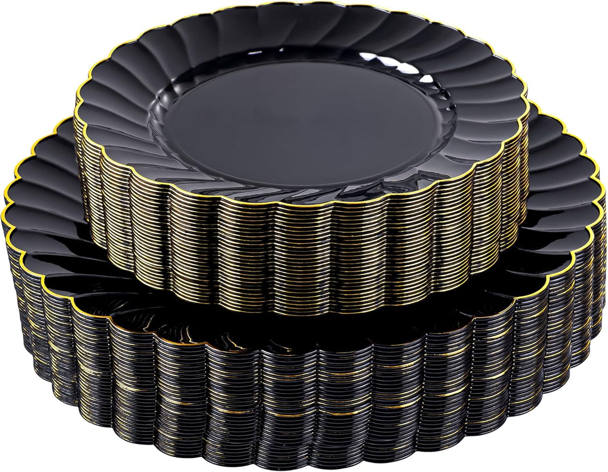 YOUBET 60PCS Black Scalloped Plastic Plates - Black and Gold Disposable Plates include 30 Gold Dinner Plate, 30 Dessert Plate for Party & Wedding