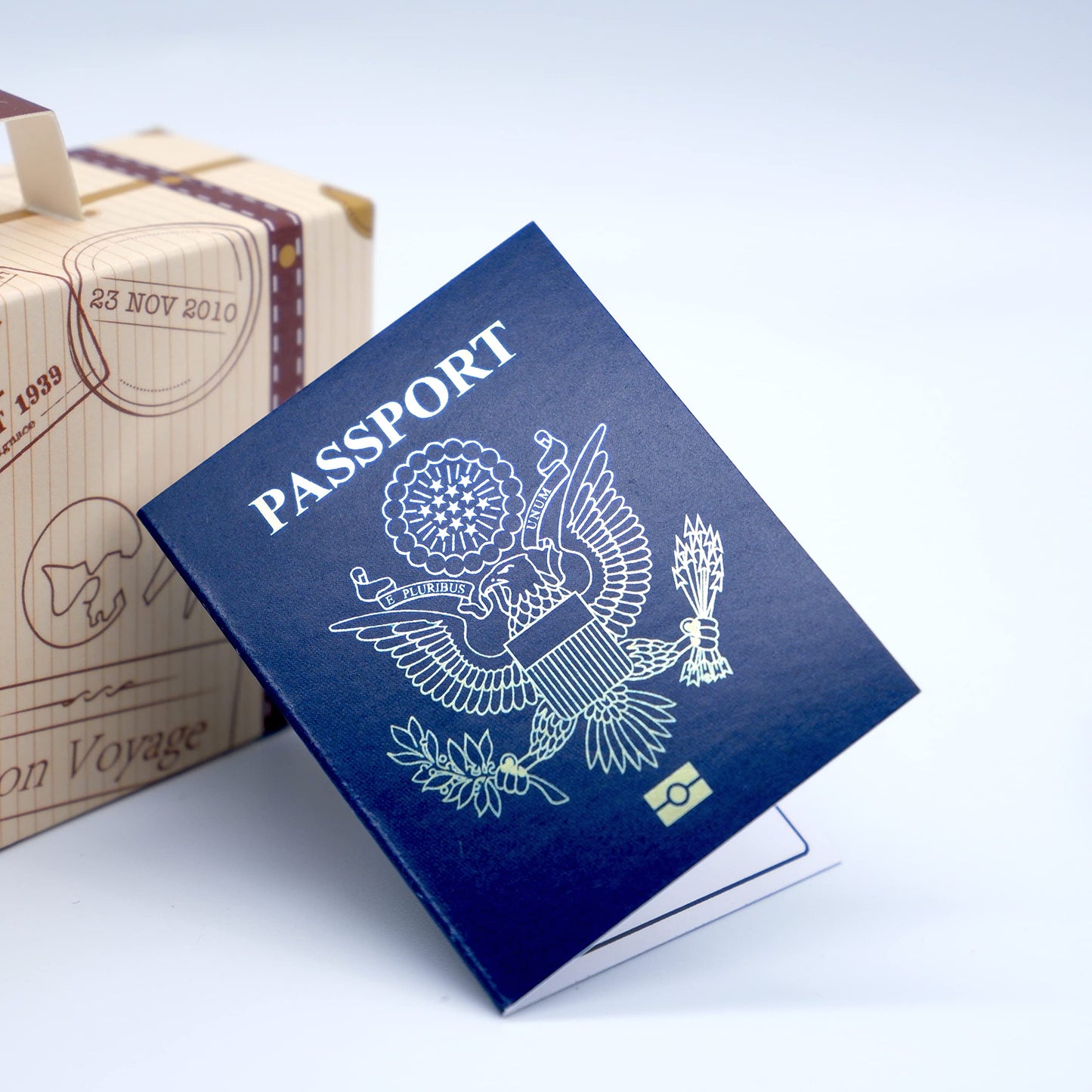 DIY Surprise Mini Suitcase & Mini Gold foil Pretend USA Passport Reveal Gift bundle (DIY). Perfect for Valentines, vacations, birthday, family trips away!