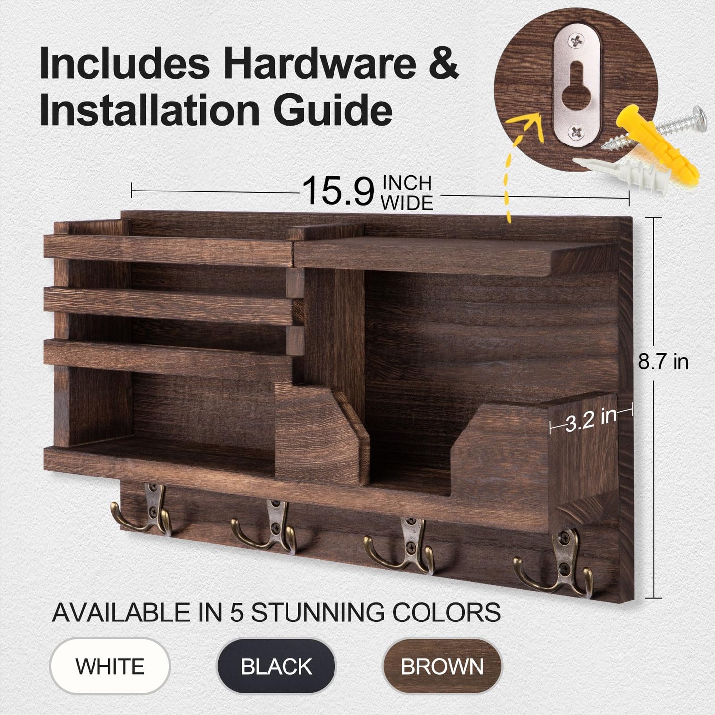 Lwenki Mail and Key Holder for Wall – Decorative 15.9” x 8.7” x 3.2” Entryway Organizer with Shelf – Paulownia Wood with 4 Dual Hooks Includes Mounting Hardware and Installation Guide