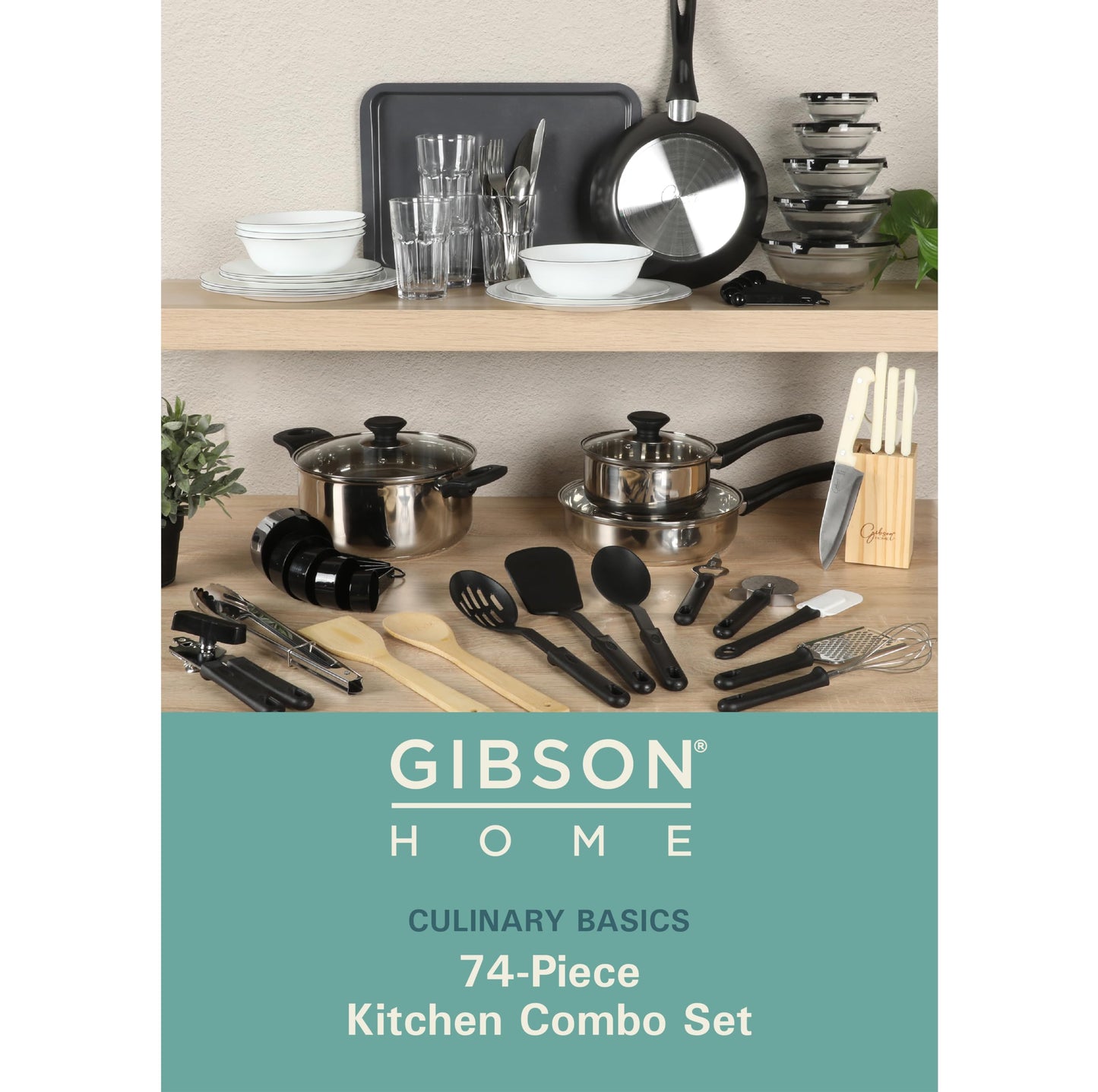 Gibson Home 74 Piece Kitchen in a Box Pots and Pans Cookware, Plates and Bowls Dinnerware, Cutlery Knife Block, Flatware Utensils, Tools & Gadgets, Storage, Glasses Set