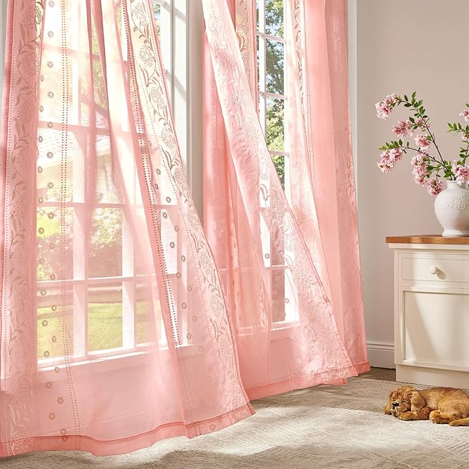 jinchan Winslow Sheer Curtains 96 Inch for Bedroom Living Room Embroidered Bordered Floral Nursery Curtains for Girls Room Light Filtering, Beige on Pink, 2 Panels, 50W x 96L