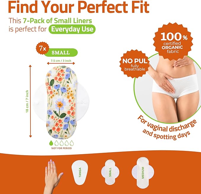 Organic Cotton EcoComfort Reusable Panty Liners for Women & Teens (Small, 7-Pack); High-Temp Washable Cloth Liners; Stay Fresh & Dry, for Daily Vaginal Discharge Only; 100% Breathable (no PUL/TPU)